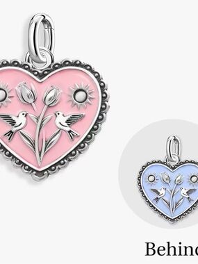 Pink Heart Bird Charm Pendant with blue on the back